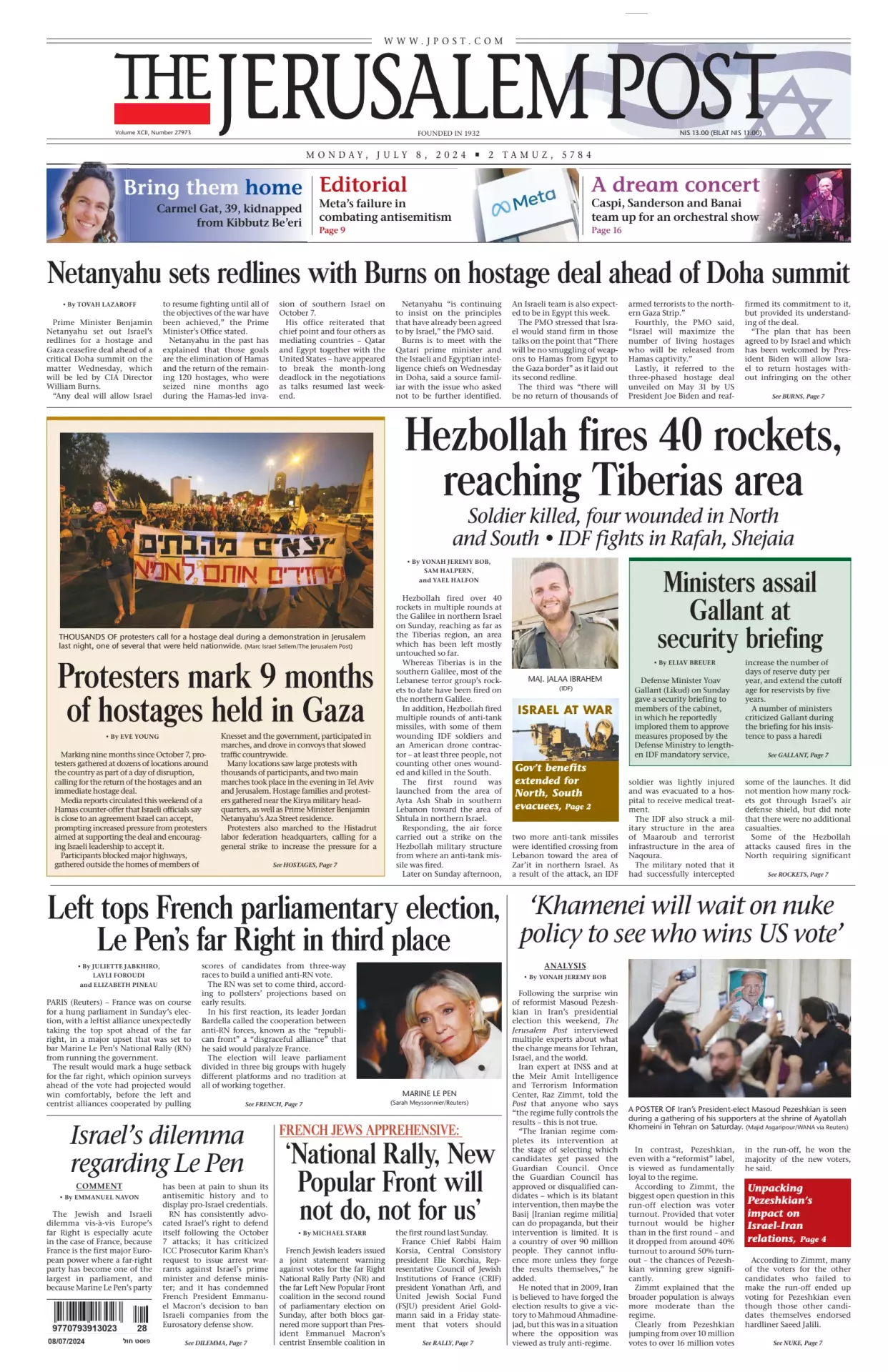 Prima-pagina-the jerusalem post-edizione-di-oggi-08-07-2024